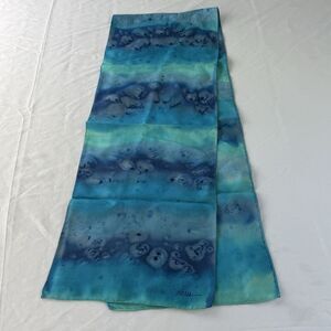 Vintage Nona Scarf Hand Dyed Silk Blue Green 49”x8.5” Rectangular